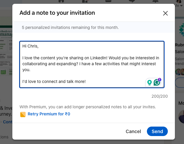 linkedin connection message template - sample message screenshot

