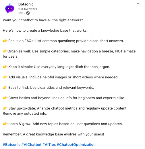 linkedin post ideas - example from Botsonic's linkedin profile